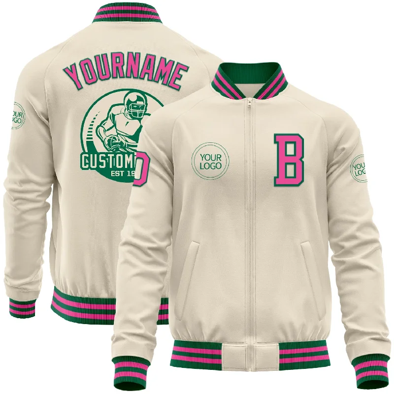 fishing rod weight guide-Custom Cream Pink-Kelly Green Bomber Varsity Letterman Zipper Jacket