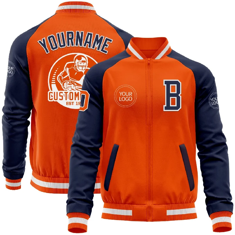 fishing knots for trolling-Custom Orange White-Navy Bomber Varsity Letterman Two Tone Zipper Jacket