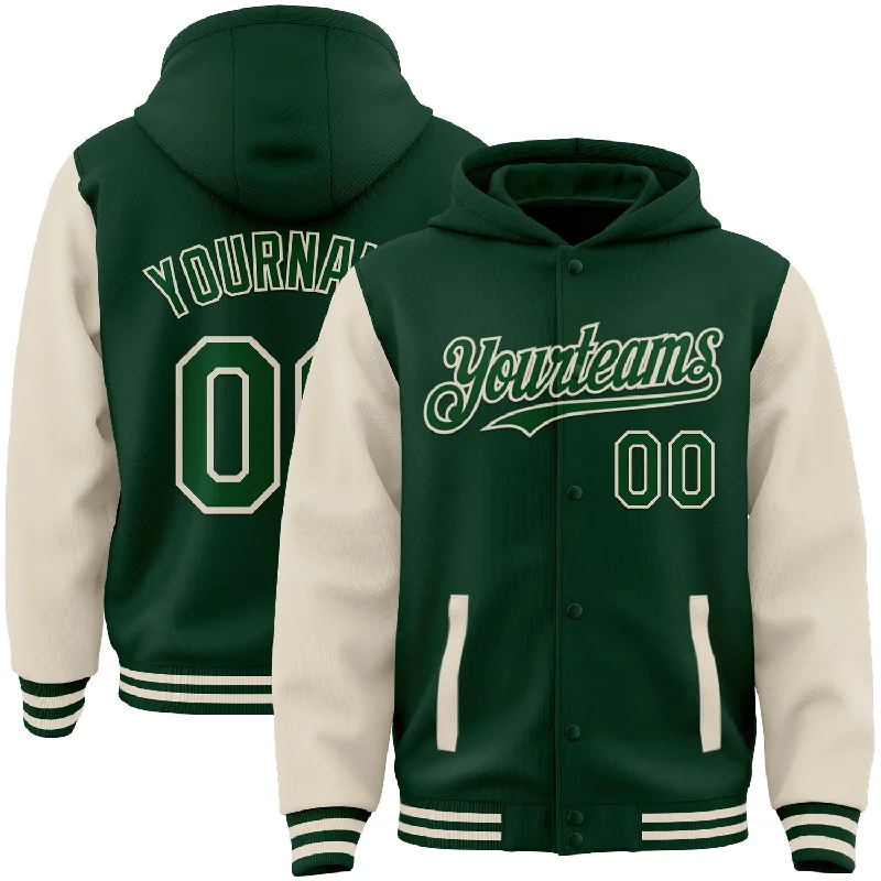 fishing nets for kids fishing-Custom Green Cream Bomber Full-Snap Varsity Letterman Two Tone Hoodie Jacket