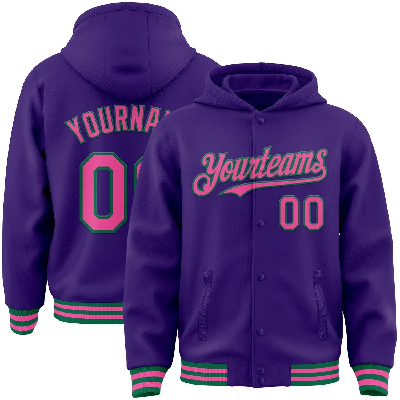 carp fishing rigs-Custom Purple Pink-Kelly Green Bomber Full-Snap Varsity Letterman Hoodie Jacket