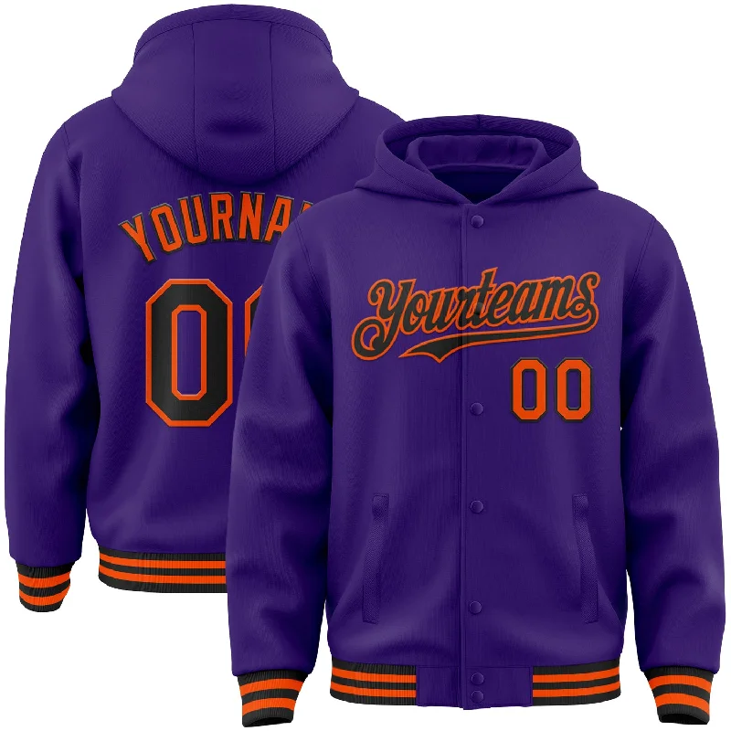 fishing tackle backpacks-Custom Purple Black-Orange Bomber Full-Snap Varsity Letterman Hoodie Jacket