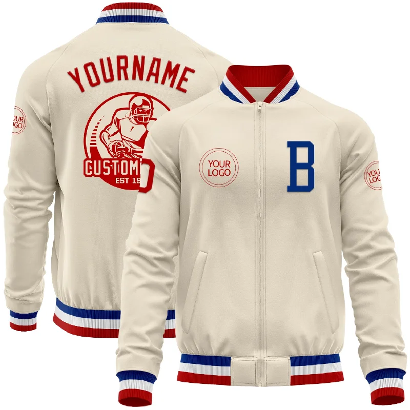 fishing nets for freshwater-Custom Cream Red Royal-White Bomber Varsity Letterman Zipper Jacket