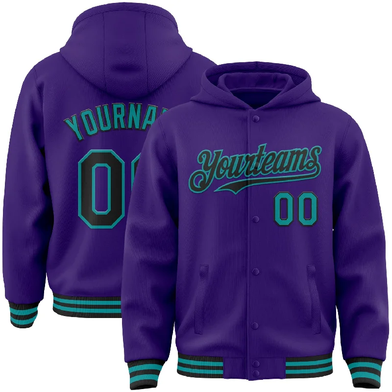 fishing tackle for carp-Custom Purple Black-Teal Bomber Full-Snap Varsity Letterman Hoodie Jacket