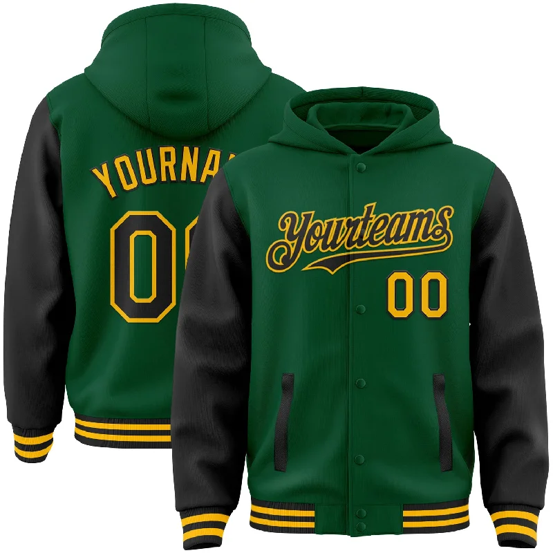 fishing bait for catfish-Custom Kelly Green Black-Gold Bomber Full-Snap Varsity Letterman Two Tone Hoodie Jacket