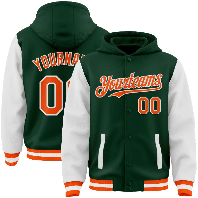 fishing nets for catfish-Custom Green Orange-White Bomber Full-Snap Varsity Letterman Two Tone Hoodie Jacket