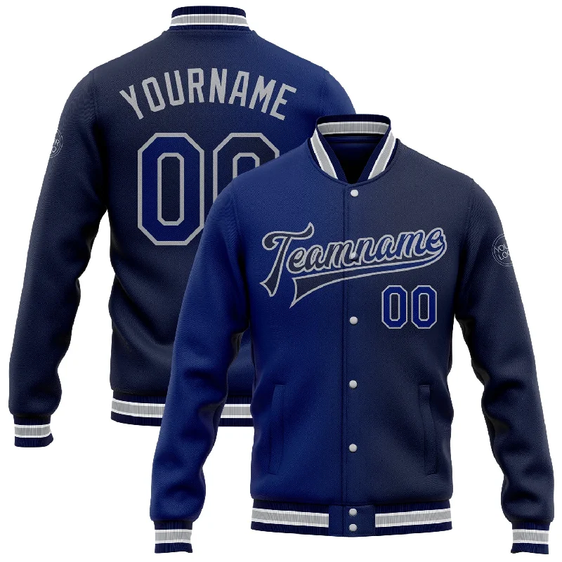 fishing gloves for trout-Custom Navy Royal-Gray Bomber Full-Snap Varsity Letterman Gradient Fashion Jacket