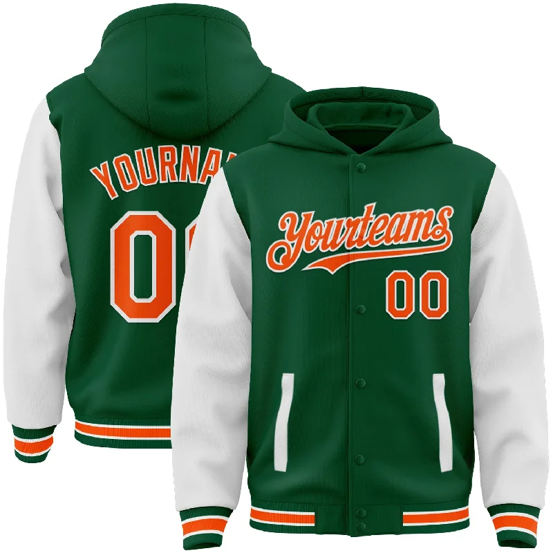 fishing waders for summer-Custom Kelly Green Orange-White Bomber Full-Snap Varsity Letterman Two Tone Hoodie Jacket