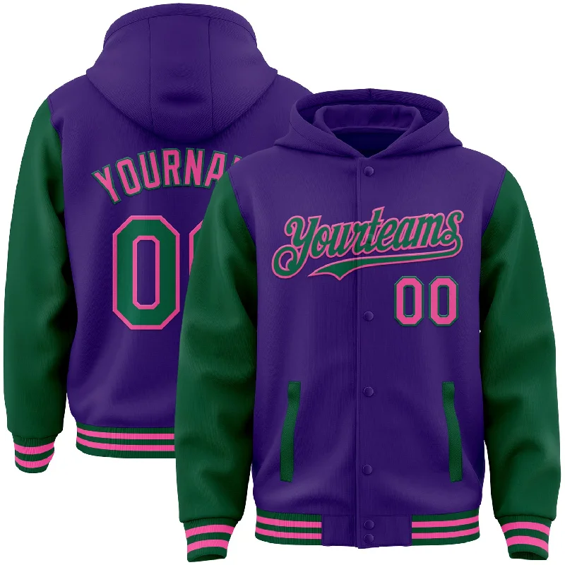 baitcasting reels for women trolling-Custom Purple Kelly Green-Pink Bomber Full-Snap Varsity Letterman Two Tone Hoodie Jacket