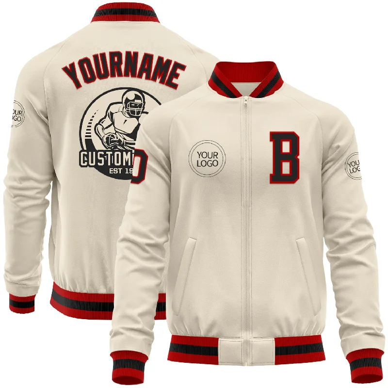 fishing line for trolling-Custom Cream Black-Red Bomber Varsity Letterman Zipper Jacket