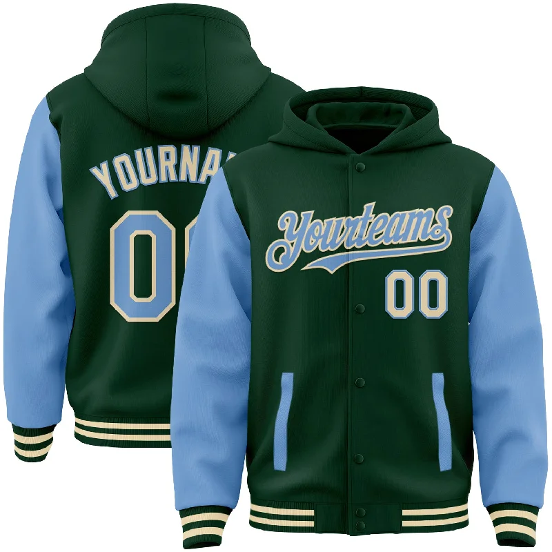 fishing knots for ice fishing-Custom Green Light Blue-Cream Bomber Full-Snap Varsity Letterman Two Tone Hoodie Jacket