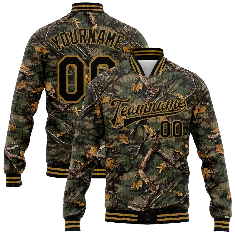 fishing waders for kids fishing-Custom Camo Black-Old Gold Classic Wood Camouflage 3D Bomber Full-Snap Varsity Letterman Salute To Service Jacket