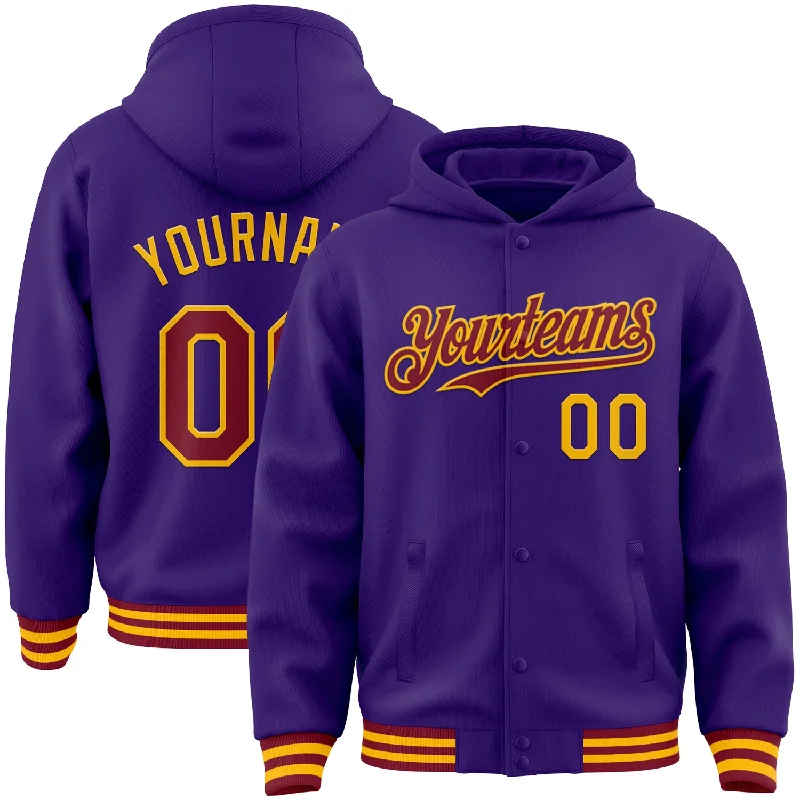 fishing hooks for saltwater-Custom Purple Crimson-Gold Bomber Full-Snap Varsity Letterman Hoodie Jacket