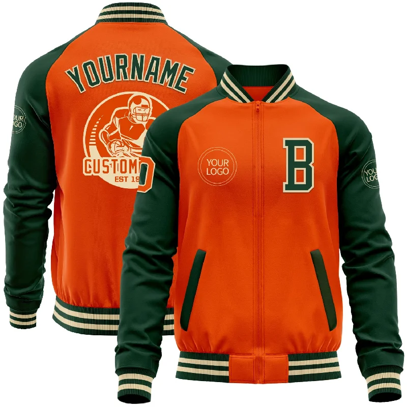 fishing knots for kids-Custom Orange Cream-Green Bomber Varsity Letterman Two Tone Zipper Jacket