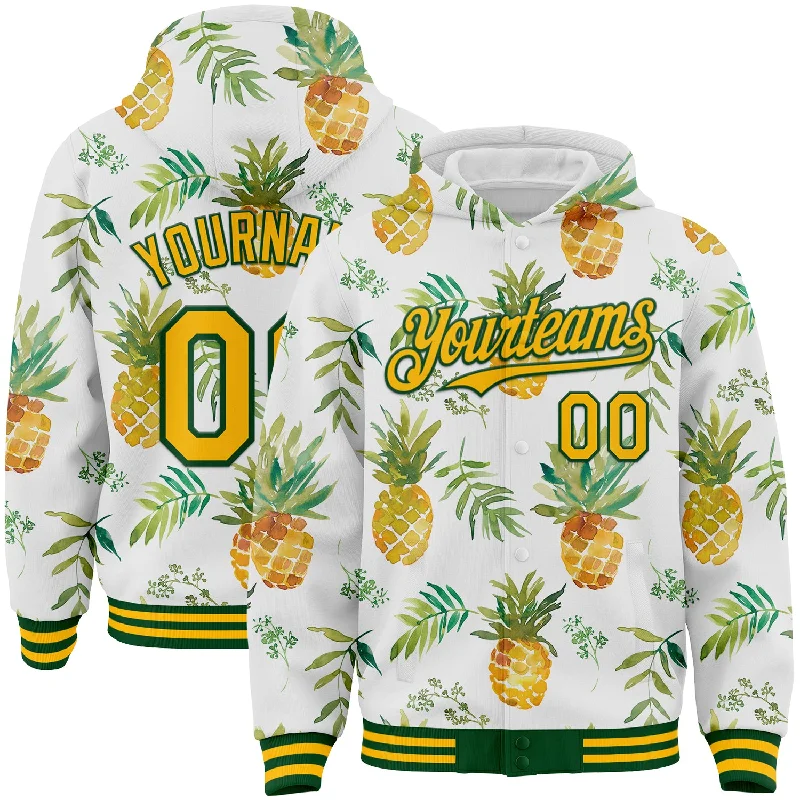 fishing gloves for summer-Custom White Gold-Green Tropical Hawaii Fruit Pineapple 3D Bomber Full-Snap Varsity Letterman Hoodie Jacket