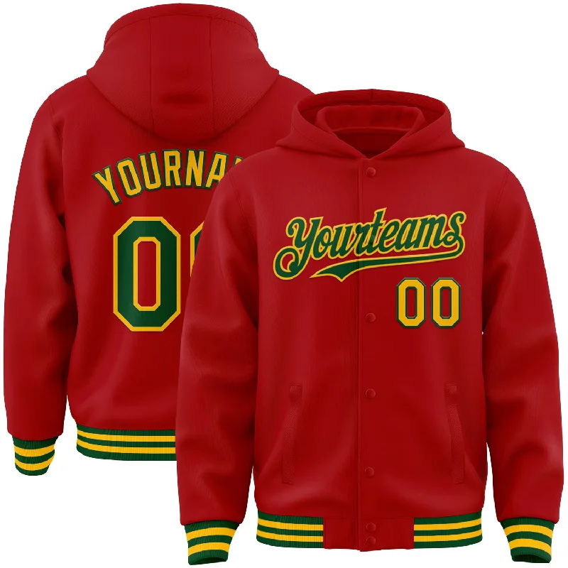 fishing tackle for fly fishing-Custom Red Green-Gold Bomber Full-Snap Varsity Letterman Hoodie Jacket