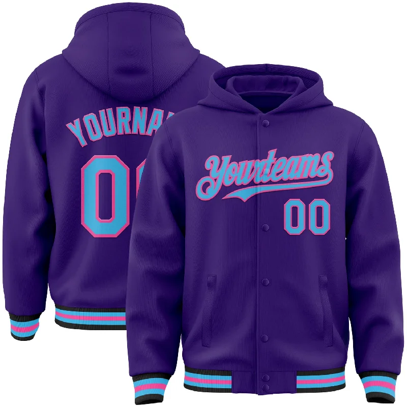 spinning reels for fishing-Custom Purple Sky Blue Pink-Black Bomber Full-Snap Varsity Letterman Hoodie Jacket