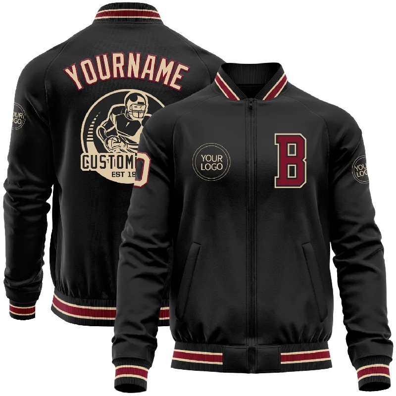 fishing line for ice fishing-Custom Black Crimson-City Cream Bomber Varsity Letterman Zipper Jacket