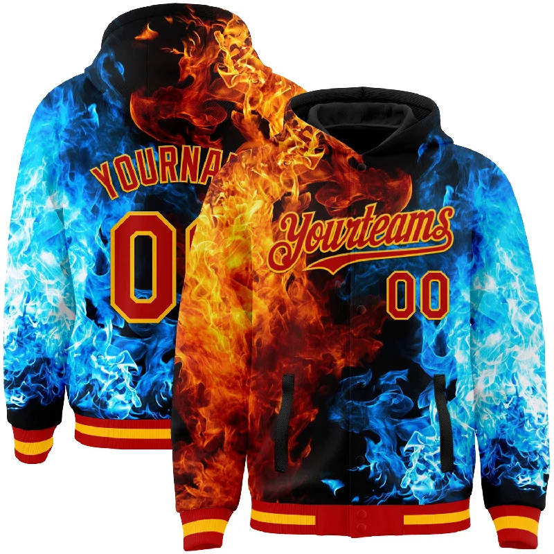 fishing waders for bass-Custom Red Gold Black-Lakes Blue Flame 3D Pattern Design Bomber Full-Snap Varsity Letterman Hoodie Jacket