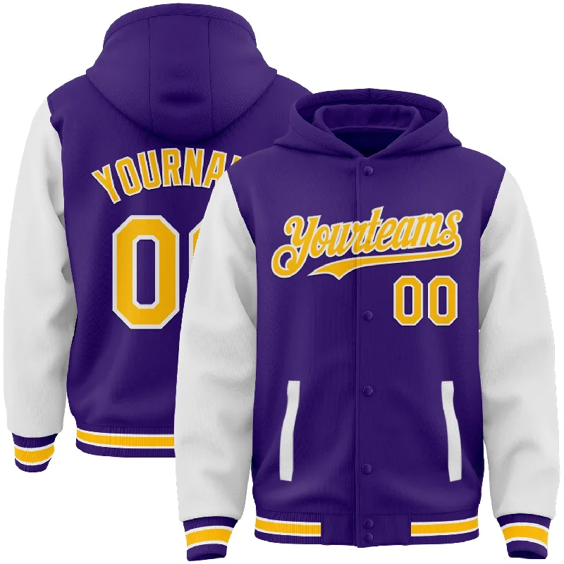 fishing gloves for summer-Custom Purple Gold-White Bomber Full-Snap Varsity Letterman Two Tone Hoodie Jacket