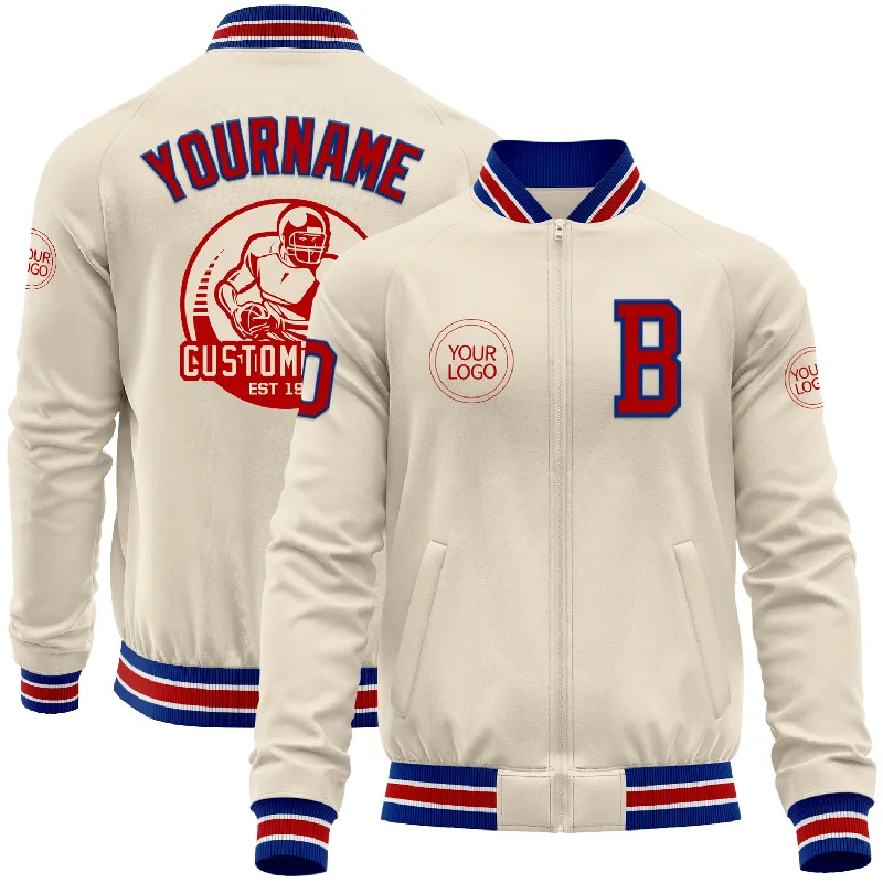 fishing rod length guide-Custom Cream Red Royal-White Bomber Varsity Letterman Zipper Jacket