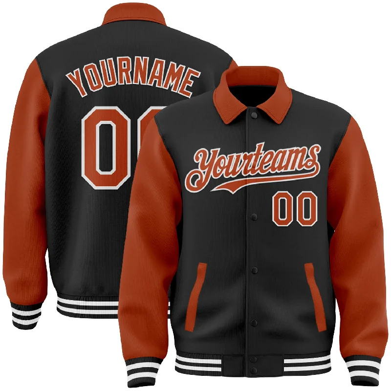 saltwater fishing gear-Custom Black Texas Orange-White Bomber Full-Snap Varsity Letterman Two Tone Lapel Collar Byron Jacket