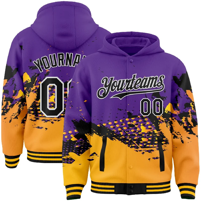 carp fishing bait boilies-Custom Purple Gold-Black Abstract Splash Grunge Art 3D Pattern Design Bomber Full-Snap Varsity Letterman Hoodie Jacket