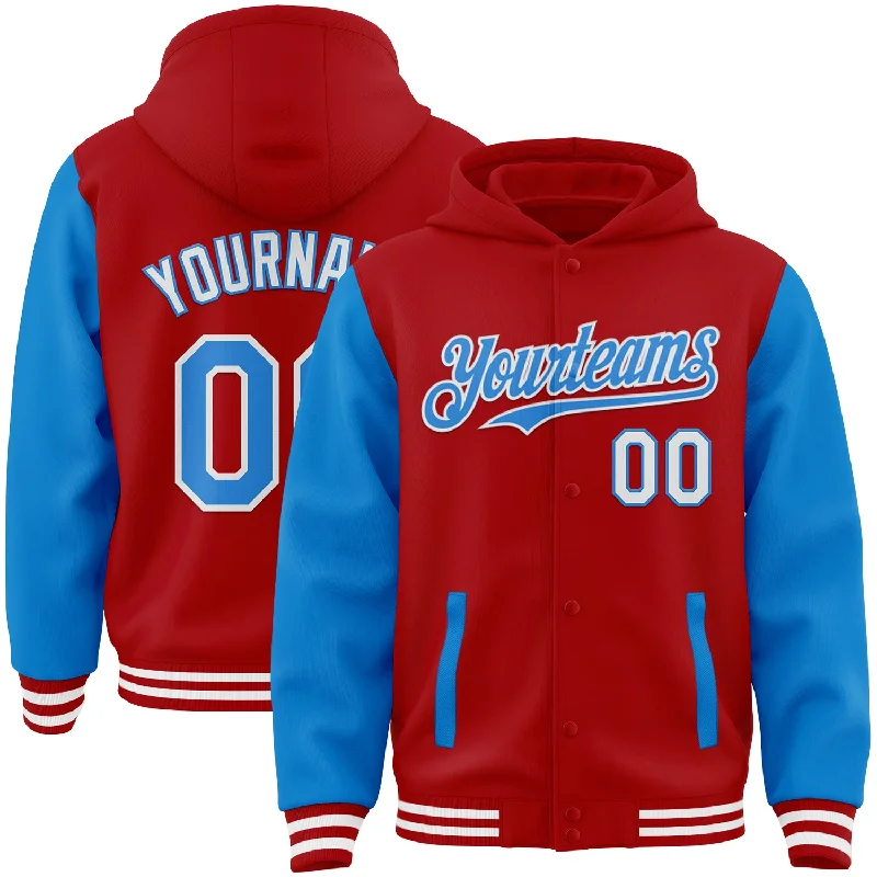 fishing reels for trolling-Custom Red Powder Blue-White Bomber Full-Snap Varsity Letterman Two Tone Hoodie Jacket