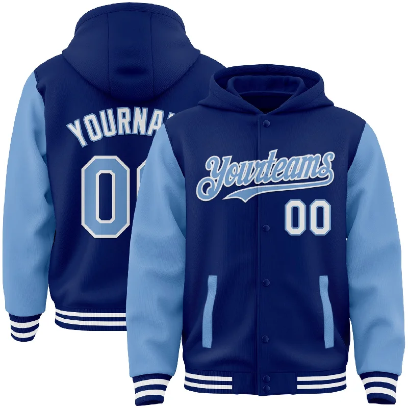 fishing tackle for women-Custom Royal Light Blue-White Bomber Full-Snap Varsity Letterman Two Tone Hoodie Jacket