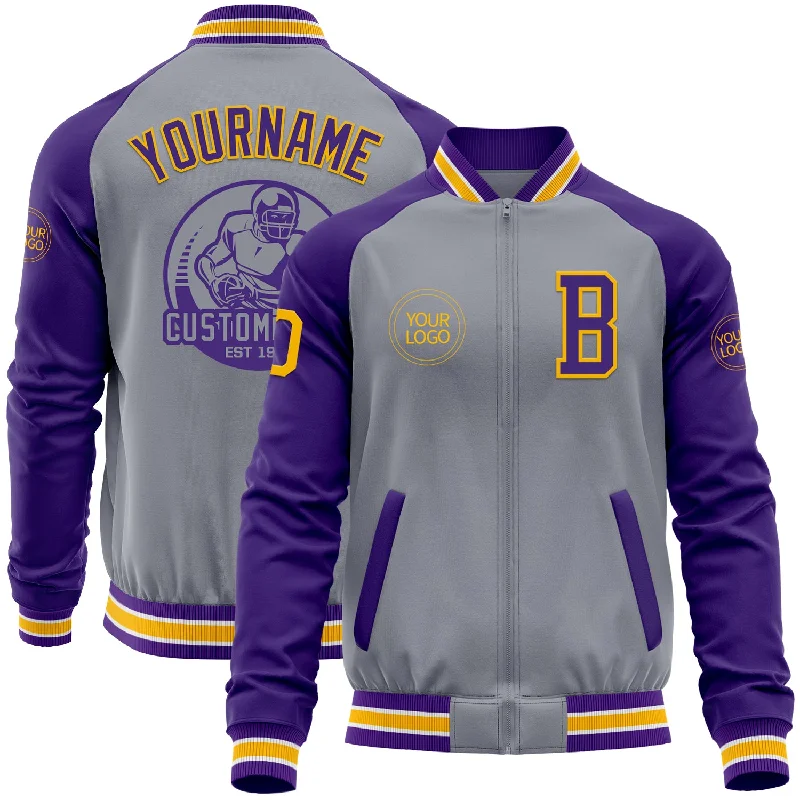 fishing nets for kids trolling-Custom Gray Gold-Purple Varsity Letterman Two Tone Zipper Jacket