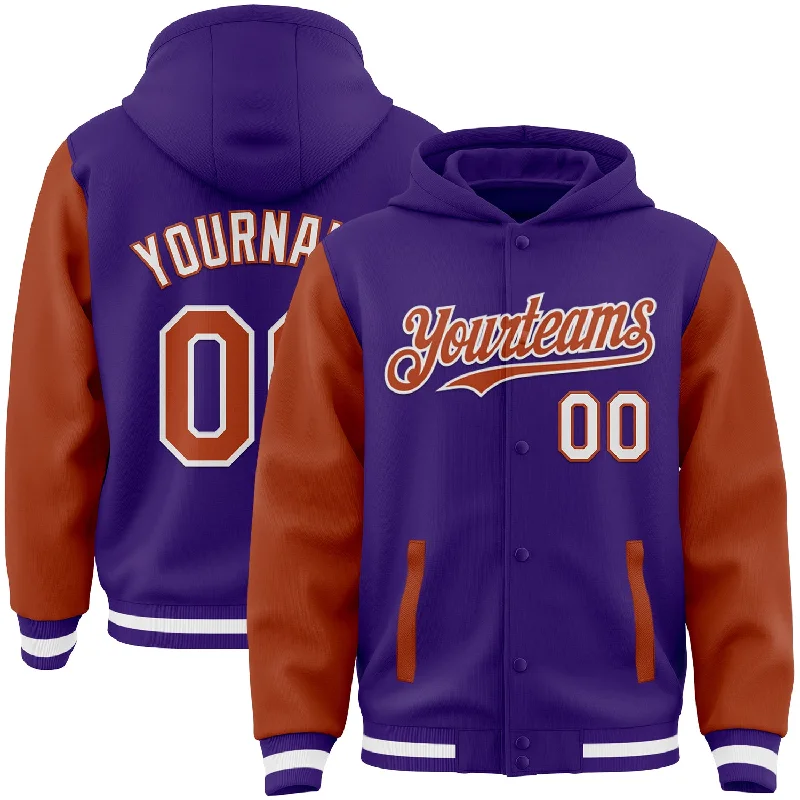 fishing knots for saltwater fishing-Custom Purple Texas Orange-White Bomber Full-Snap Varsity Letterman Two Tone Hoodie Jacket