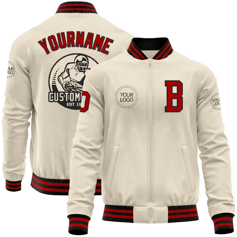 artificial lures for ice fishing-Custom Cream Red-Black Bomber Varsity Letterman Zipper Jacket