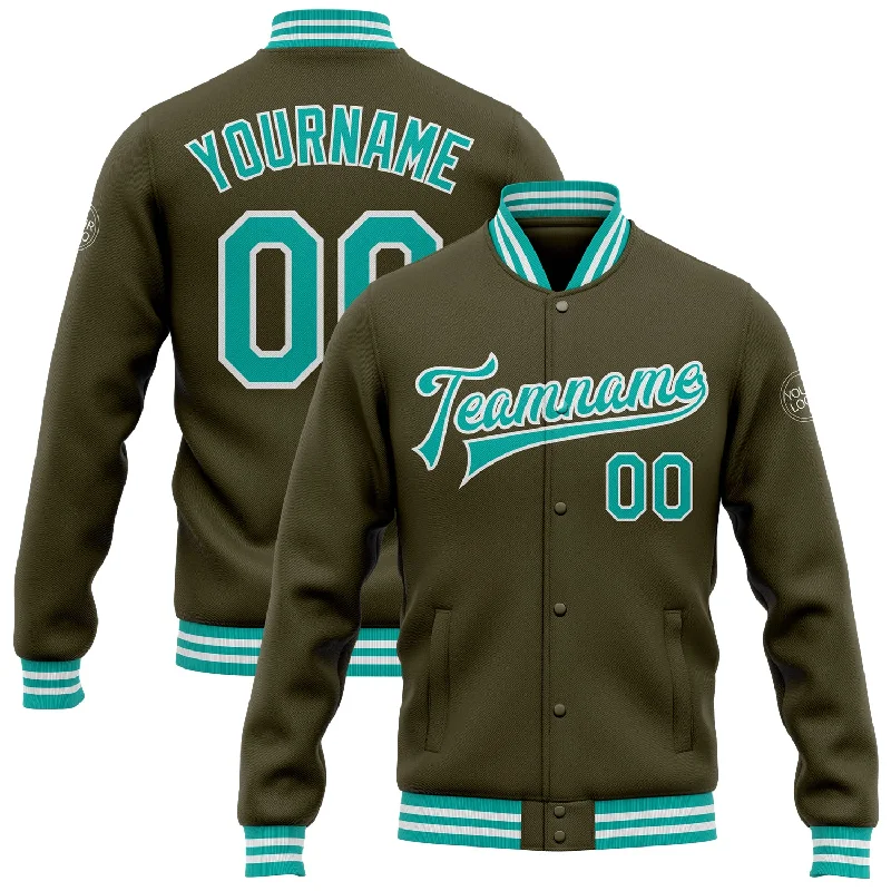 fishing bait for freshwater-Custom Olive Aqua-White Bomber Full-Snap Varsity Letterman Salute To Service Jacket