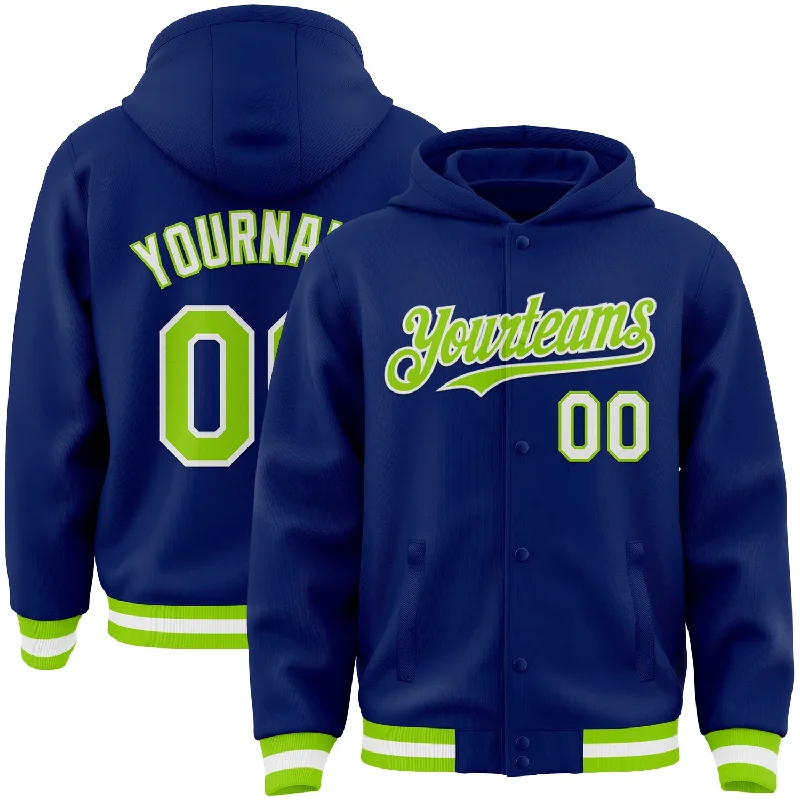 fishing boats for bass-Custom Royal Neon Green-White Bomber Full-Snap Varsity Letterman Hoodie Jacket